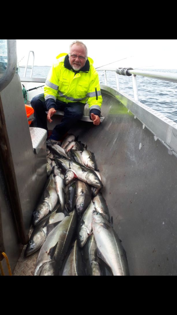 En Bøteriet – Helgeland Rorbuer ansatt som sitter på huk ved en haug med fisk fra dagens fangst på en båt på havet